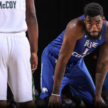 Delaware Bluecoats Center NORVEL PELLE (1) in the first half of a NBA G-league regular season basketball game between the Delaware Blue Coats and the Wisconsin Herd (Milwaukee Bucks) Wednesday, Nov. 28, 2018, at The Bob Carpenter Sports Convocation Center in Newark, DEL