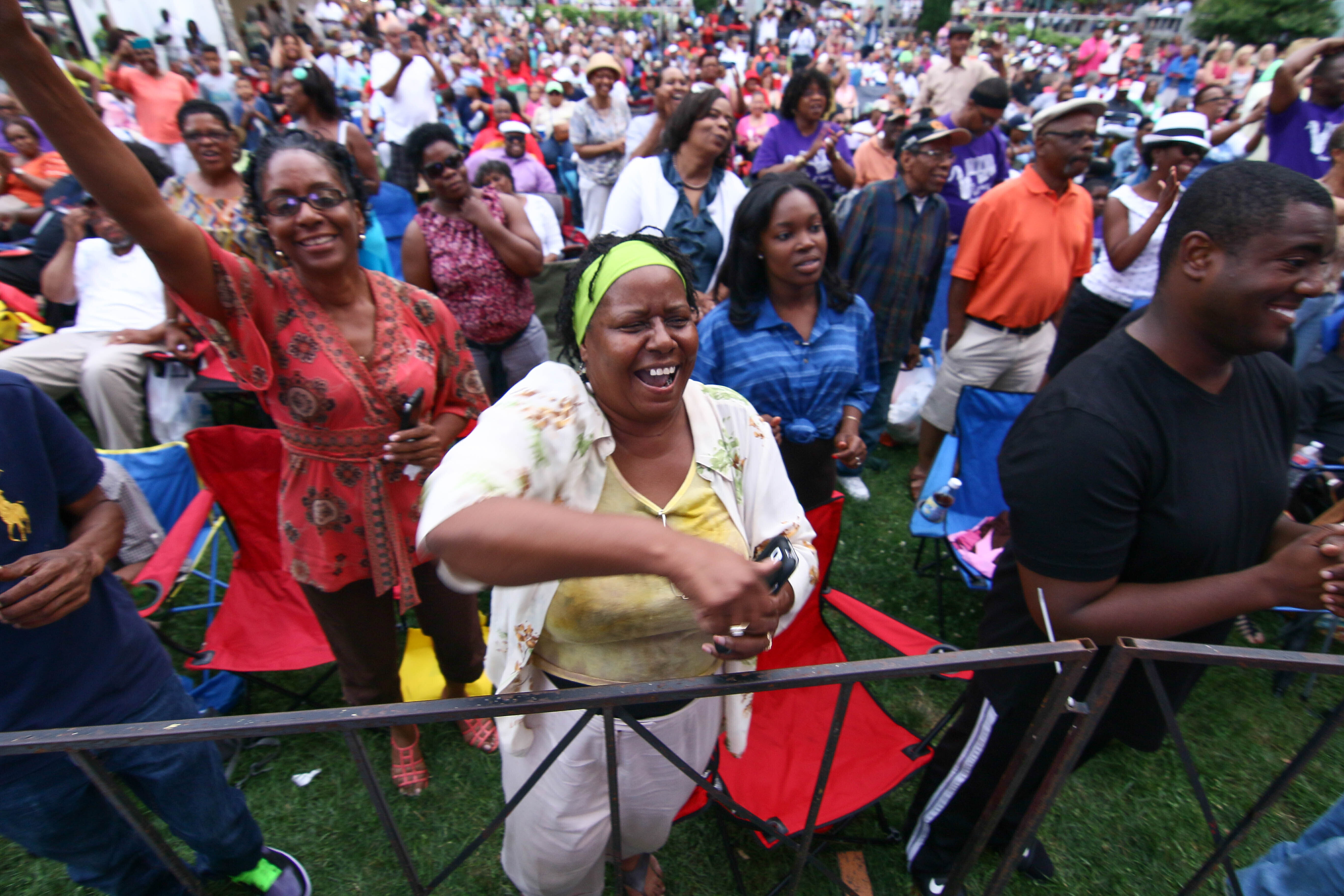 The crowd cheers during Brian Culbertson performance on the last day of the 26th annual duPont Clifford Brown Jazz Festival 