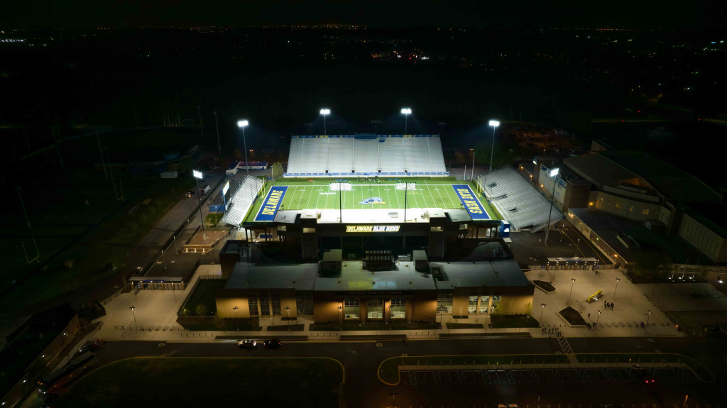 View of Delaware stadium after a NCAA Division I Football Championship Subdivision playoff game between the Delaware Blue Hens and the Sacred Heart Pioneers Saturday, APR. 24, 2021, at Delaware Stadium in Newark, DE. Photo By Saquan Stimpson